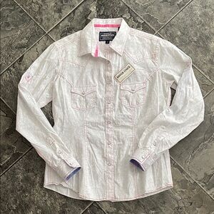 ⭐️NWT ROUGH STOCK Women’s Panhandle Slim Western Pearl Snap-Button Pattern Shirt